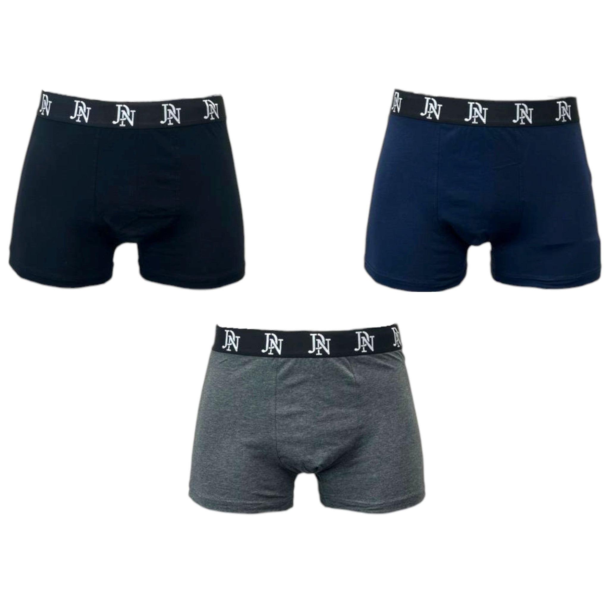 JDN men’s underwear 3 pack – cotton stretch boxer briefs in black, navy, and grey with branded waistband, breathable and supportive design